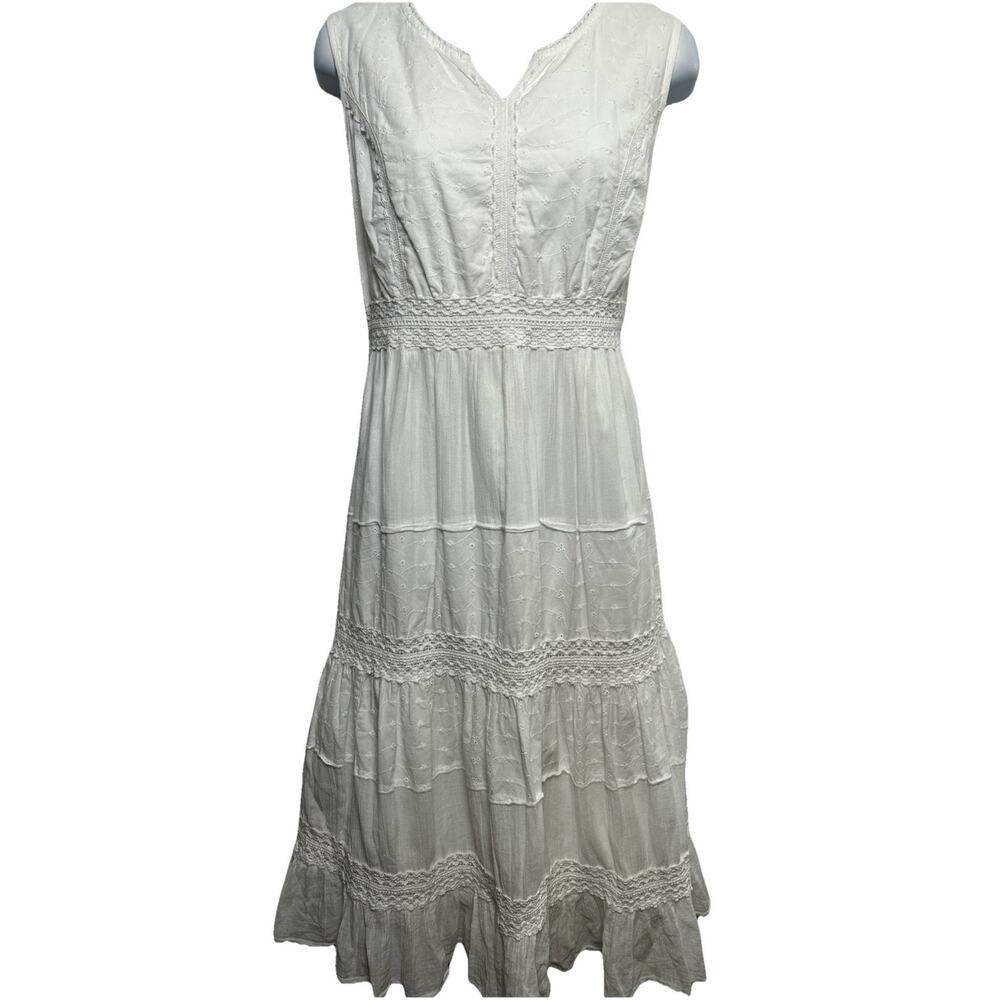 Serengeti Tiered Dress M White Sleeveless Smocked Layered Crochet Romantic
